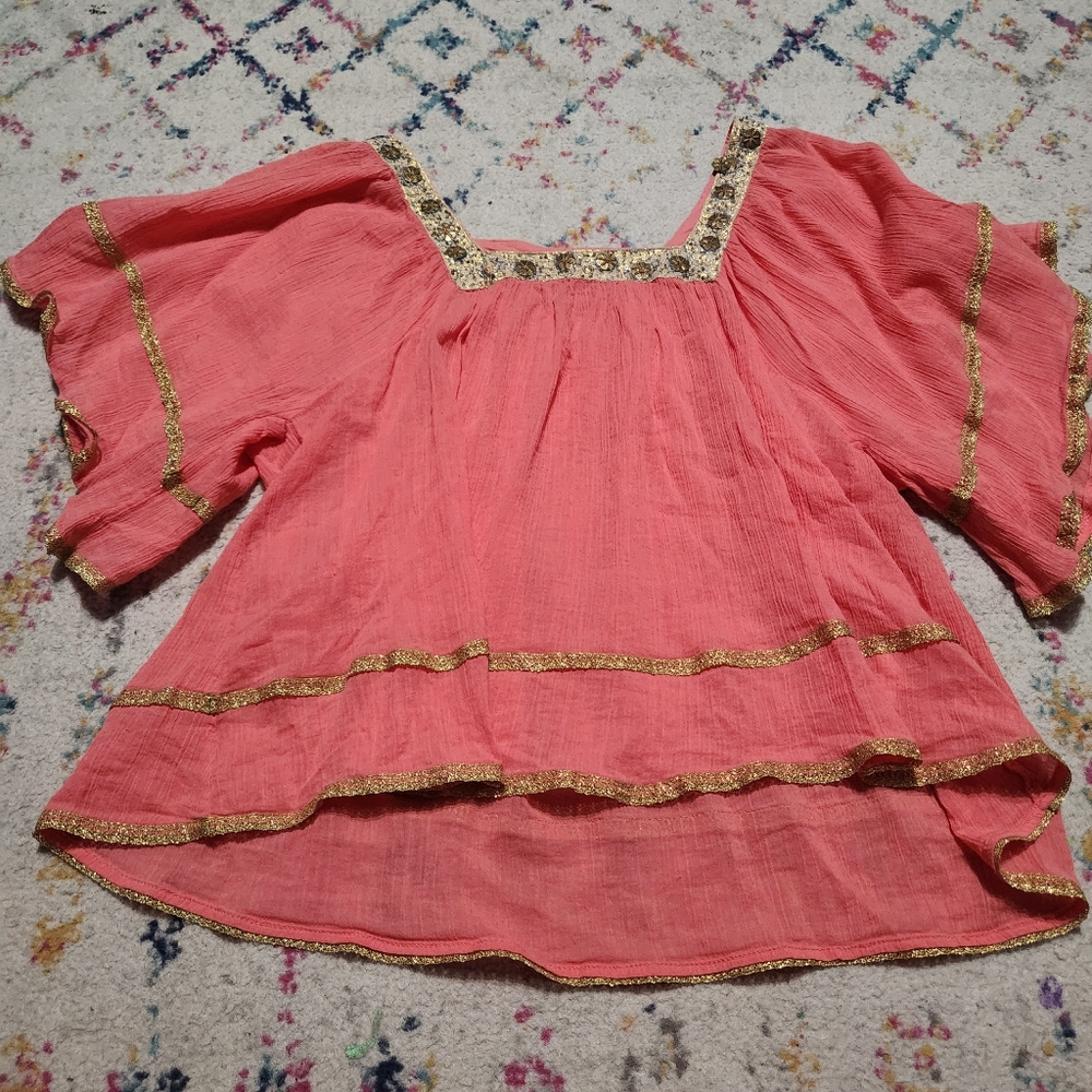 Free People Vintage Boho Pink Blouse with Gold Accents
